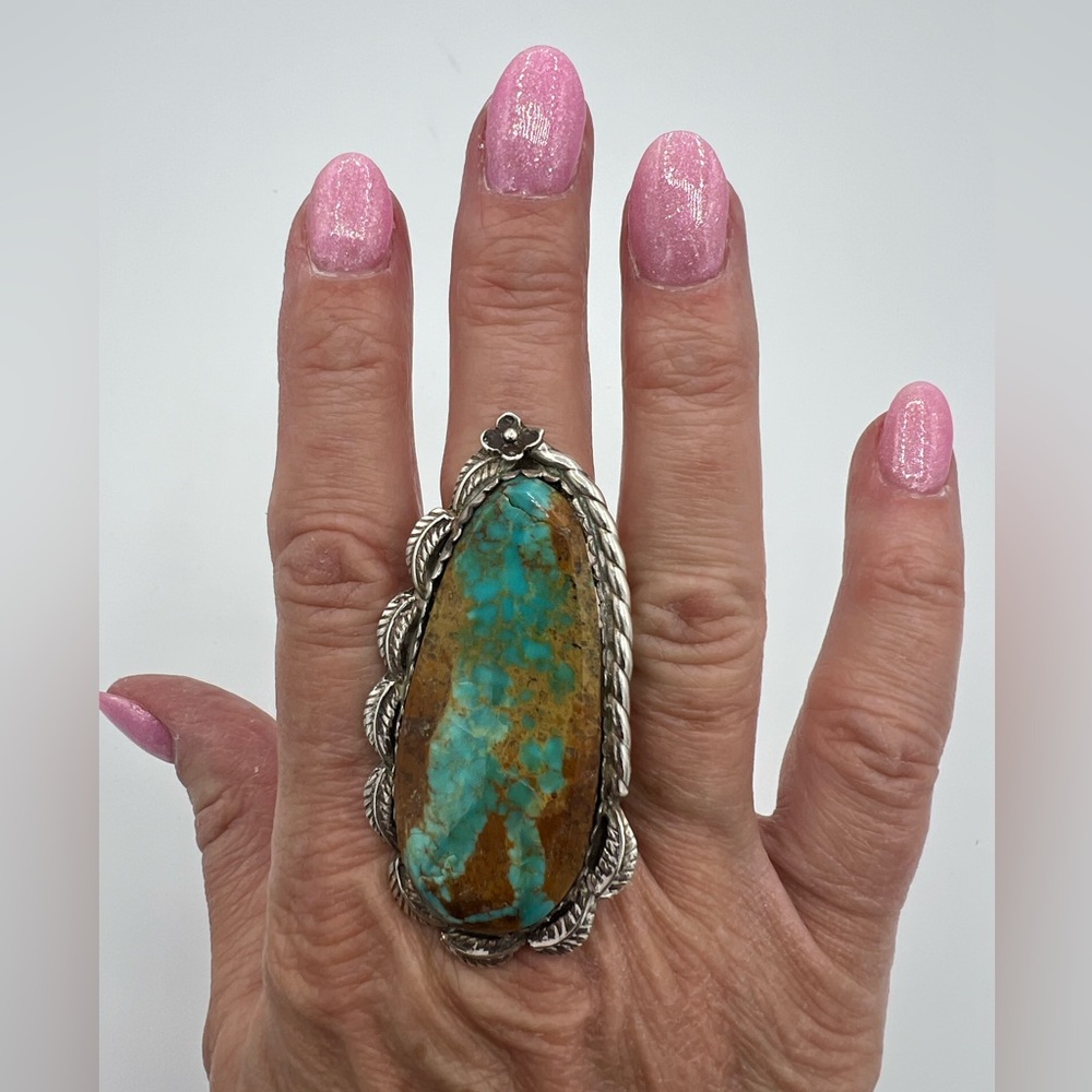 Navajo Pawn LARGE 2” Long Royston Turquoise & Silver Ring. Size 10.5
